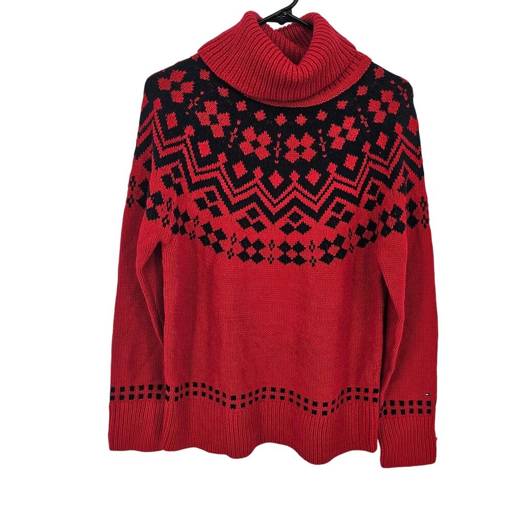 Tommy Hilfiger Red Black Fair Isle Knit Ski Winter Turtleneck Sweater S Holiday - Picture 2 of 8